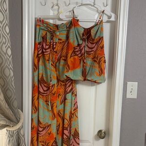 Posh Orange and Blue Patterned Two Piece wide leg pant set.